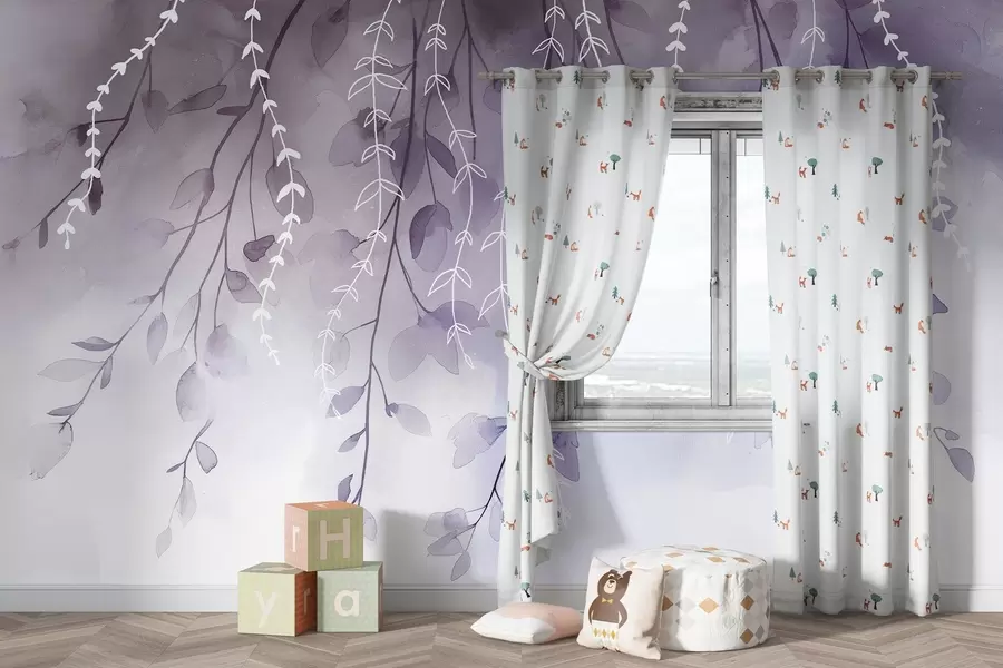 fototapet Ramuri cu frunze în stil acuarelă, culori naturale violet w04007v2