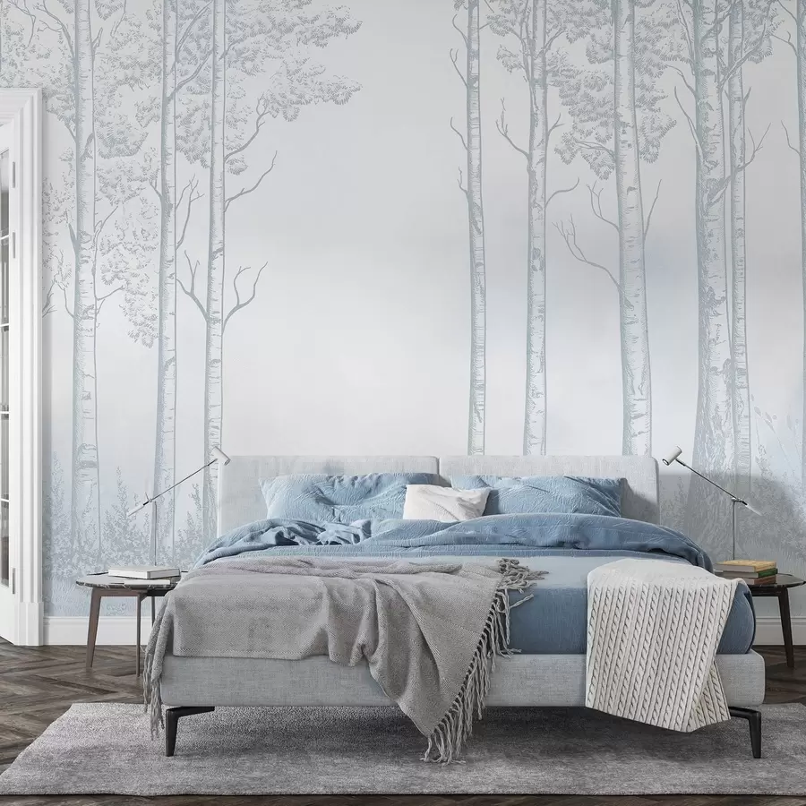 Tablouri Pădure cu mesteacăn, minimalism, natură, paleta de culori albastru  w04009