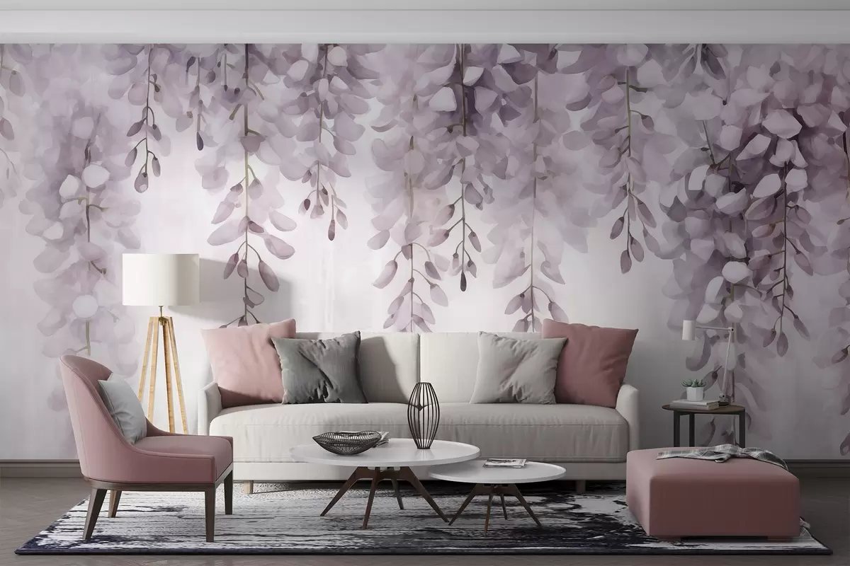 fototapet Scenă de acuarelă cu glicină liliac moale care se cascadează de sus, evocând calmul și claritatea unei ceață de dimineață devreme w04034v3