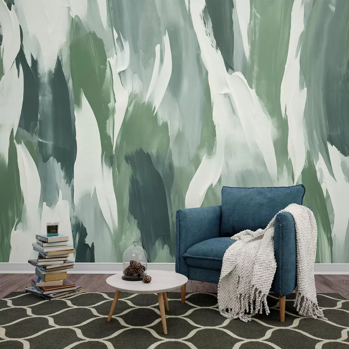 fototapet Textura abstractă a tușelor îndrăznețe verzi și crem, evocând ritmul frunzelor suflate de vânt și mișcarea organică w04035