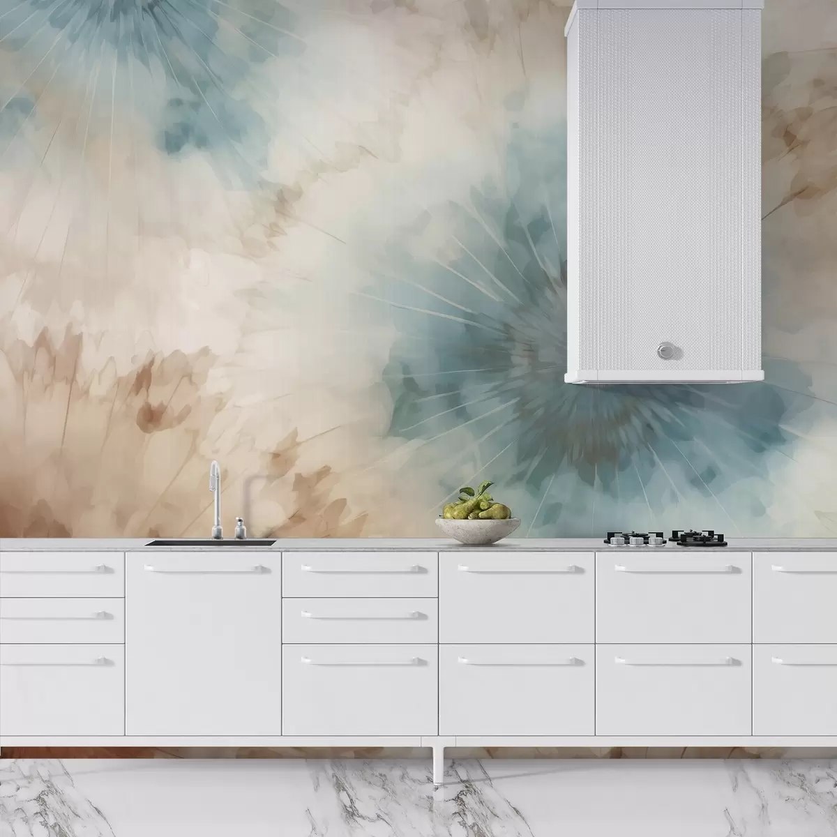 fototapet Exploziile radiante în tonuri de albastru cer, argilă și ocru creează un joc blând de energie ancorată și expansiune aerisită, evocând pulsul naturii w04036