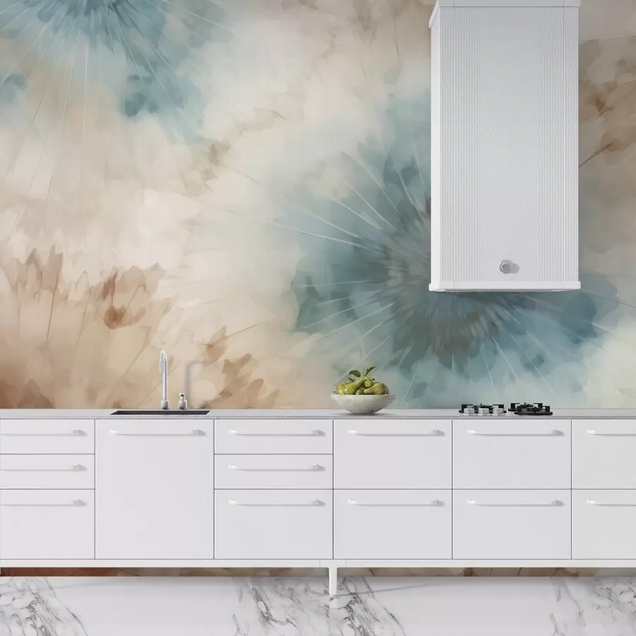 fototapet Exploziile radiante în tonuri de albastru cer, argilă și ocru creează un joc blând de energie ancorată și expansiune aerisită, evocând pulsul naturii w04036