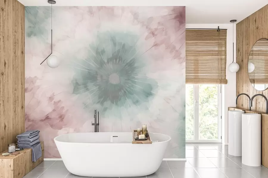 fototapet Model radial de acuarelă care îmbină verdele cețos și rozul prăfuit, evocând moliciunea roua de dimineață și prima respirație a zilei w04036v2