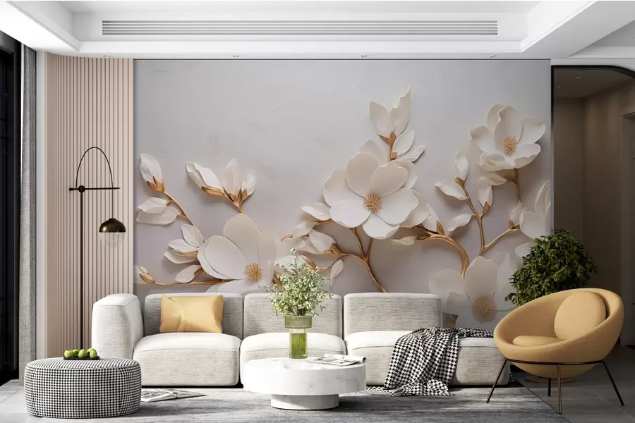 fototapet Florile elegante în relief cu tulpini în tonuri moi formează o scenă liniștită, armonioasă w04039