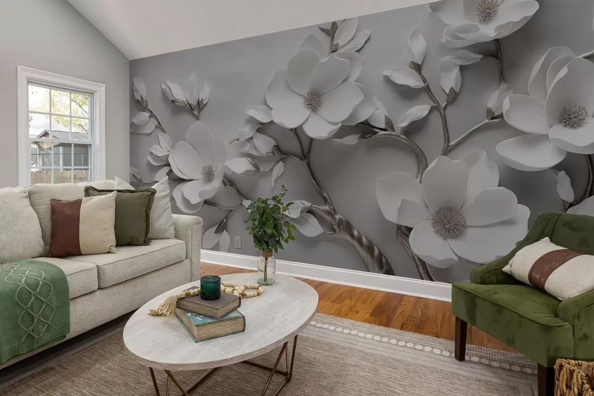 fototapet Ramură florală dimensională în alb pur și tonuri neutre w04039v2