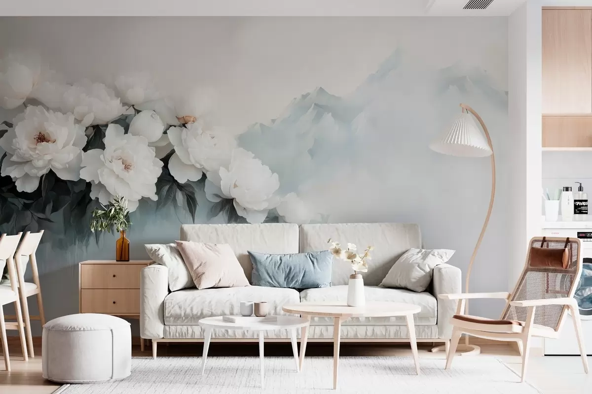 fototapet pitorești bujori albi luxurianți pe fundalul munților cețoși w03965