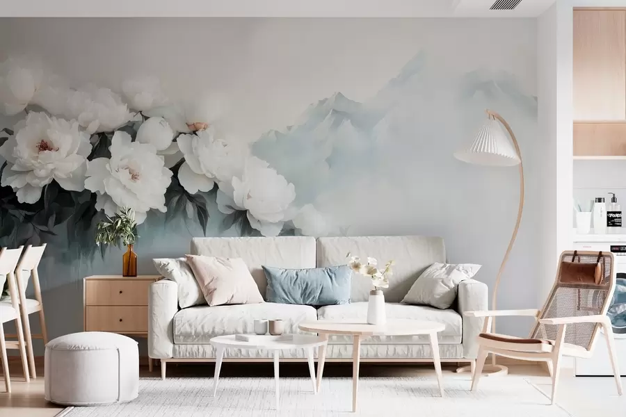 fototapet pitorești bujori albi luxurianți pe fundalul munților cețoși w03965