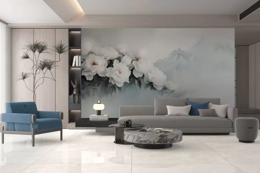 fototapet pitorești bujori albi luxurianți pe fundalul munților cețoși w03965