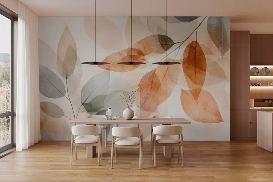 fototapet frunze în stil acuarelă în nuanțe de sepia și gri w04024