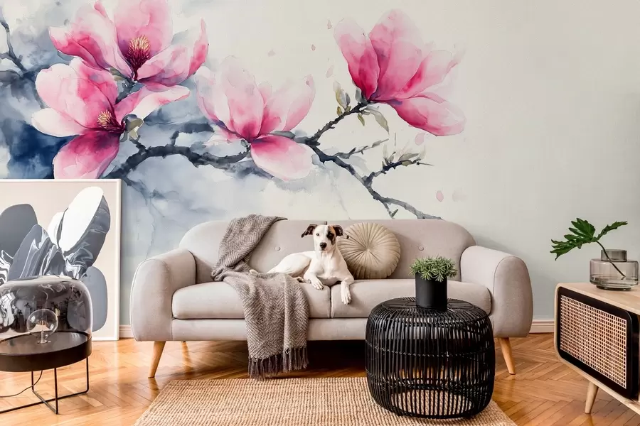 fototapet ramură înflorită de magnolie roz pe un fundal fildeș w04027