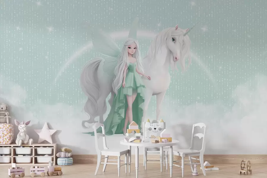 fototapet O zână cu un unicorn printre nori w03527v2