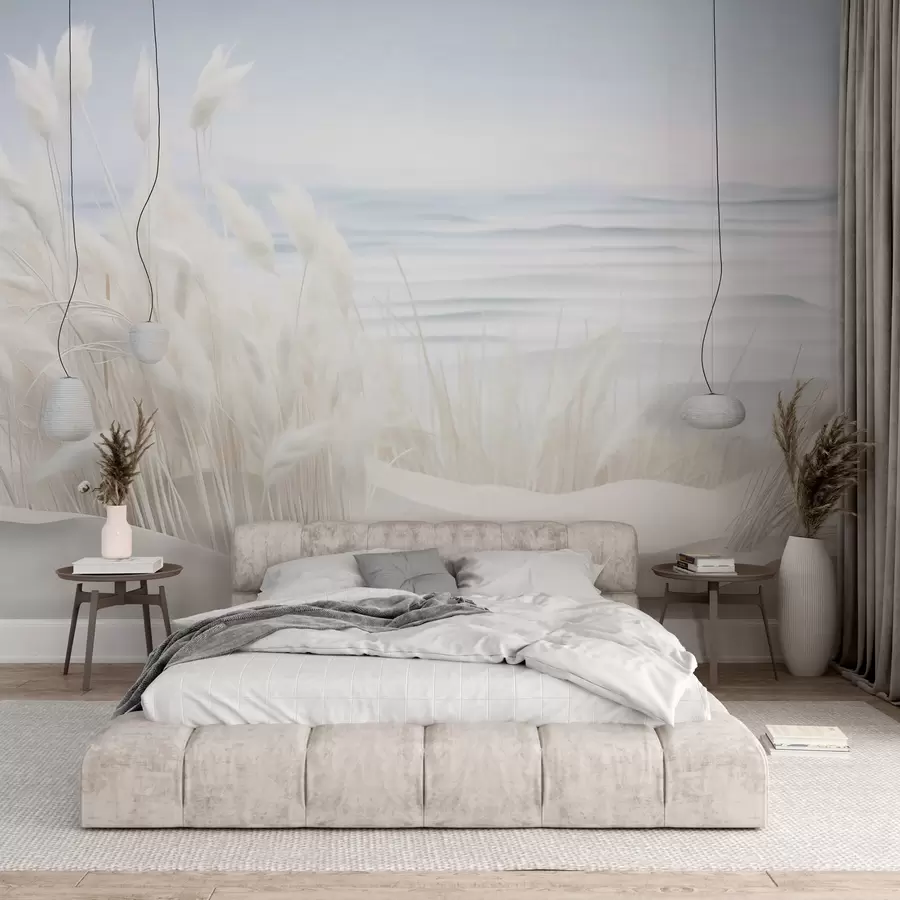 fototapet Peisaj cu iarbă albă de pampas pe o dună de nisip, cu un ocean albastru deschis în fundal, moale, stil minimalist w09132