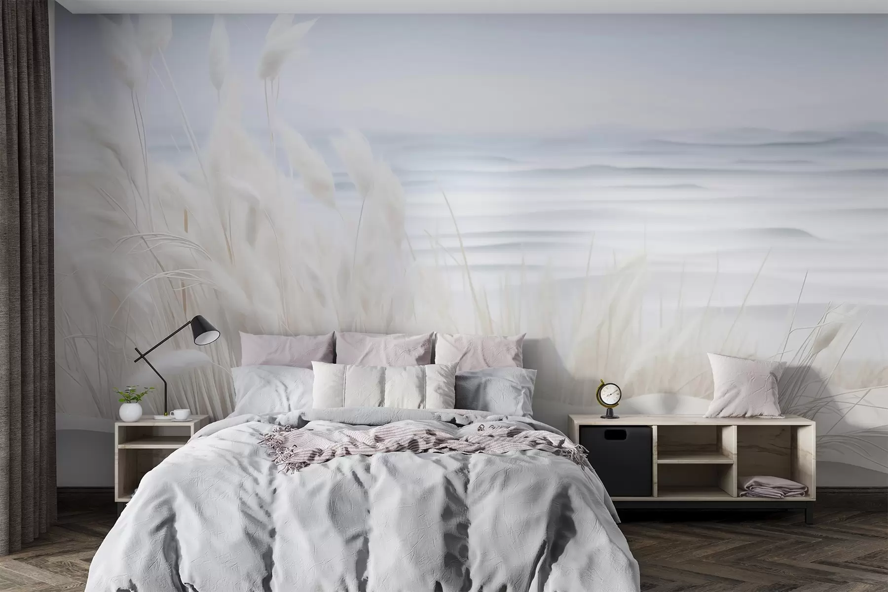 fototapet Peisaj cu iarbă albă de pampas pe o dună de nisip, cu un ocean albastru deschis în fundal, moale, stil minimalist w09132