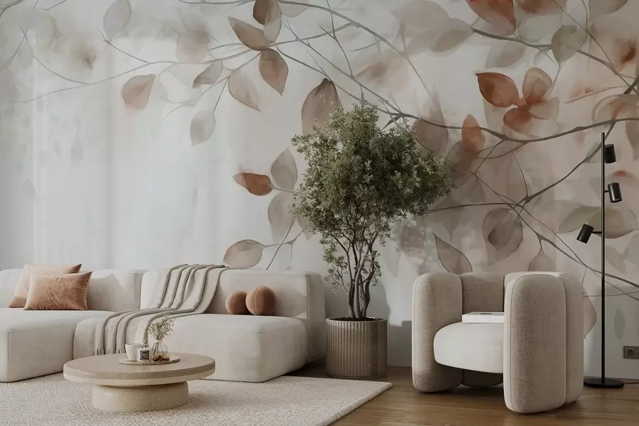 fototapet Textural pictura acuarelă imitație de frunze maro și ramuri, culori moi, detalii delicate pe un fundal alb w09133