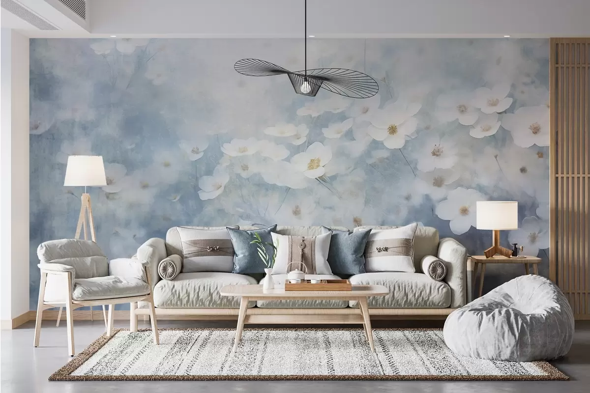 fototapet Câmp textural de flori albe anemone, focalizare moale, atmosferă de vis, paleta de culori albastru deschis și alb, pajiște de primăvară w09134