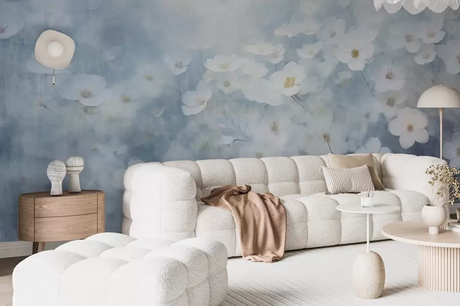 fototapet Câmp textural de flori albe anemone, focalizare moale, atmosferă de vis, paleta de culori albastru deschis și alb, pajiște de primăvară w09134