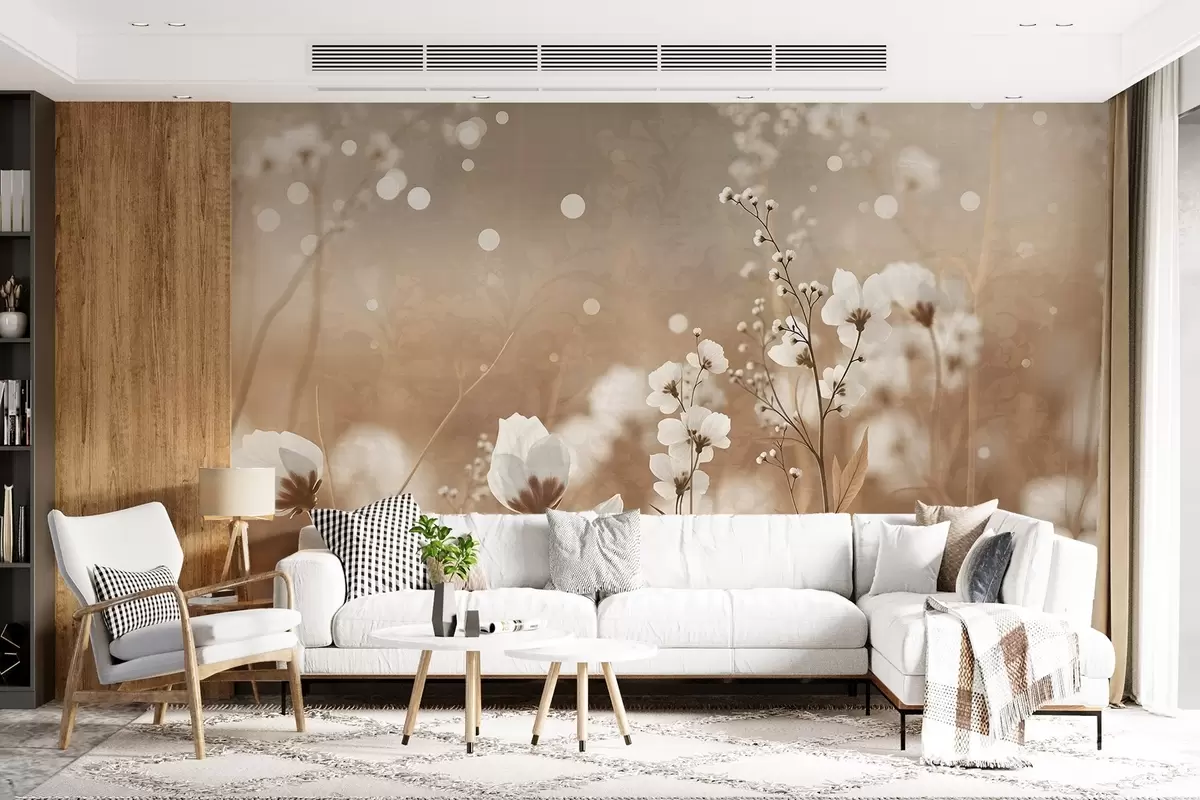 fototapet Flori albe cu tulpini și frunze maro într-un câmp, efect bokeh, paletă de culori calde, operă de artă elegantă inspirată din natură w09135