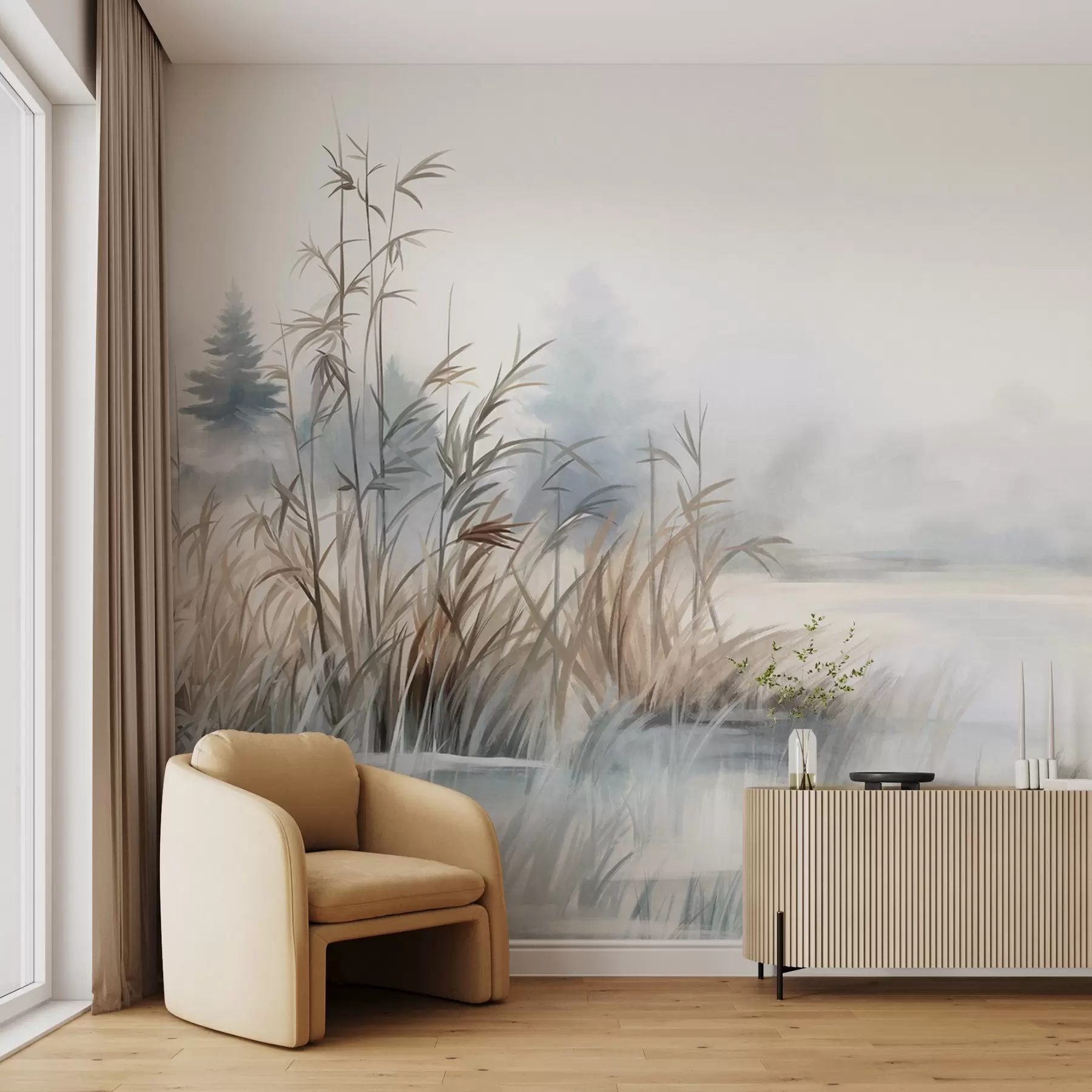 fototapet Peisaj texturat al unui lac cu ierburi înalte în prim-plan, albastru moale și maro, apă calmă, copaci în depărtare w09137