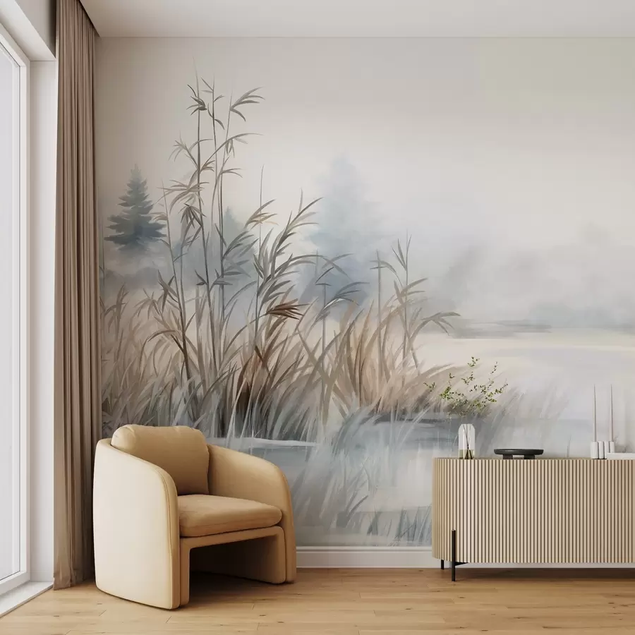 fototapet Peisaj texturat al unui lac cu ierburi înalte în prim-plan, albastru moale și maro, apă calmă, copaci în depărtare w09137