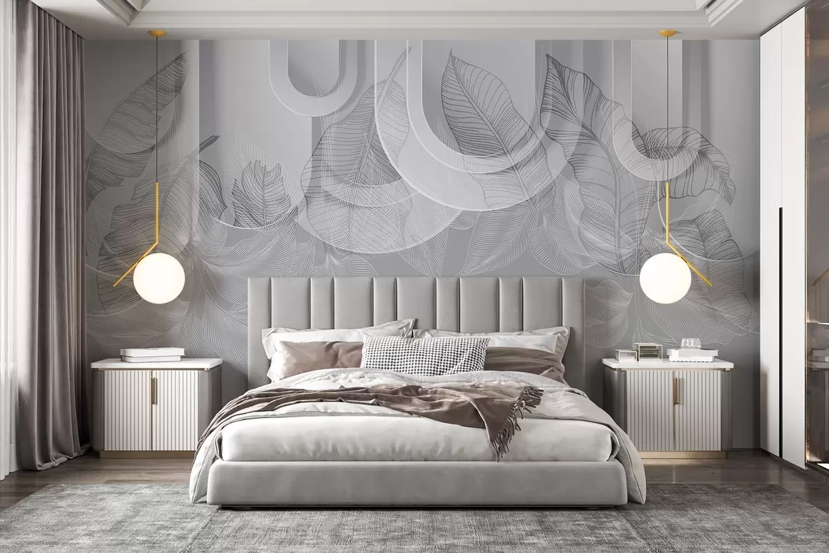 fototapet Fundal abstract cu arcuri gri și frunze tropicale albe, design minimalist, elegant și modern, paletă de culori neutre w09138