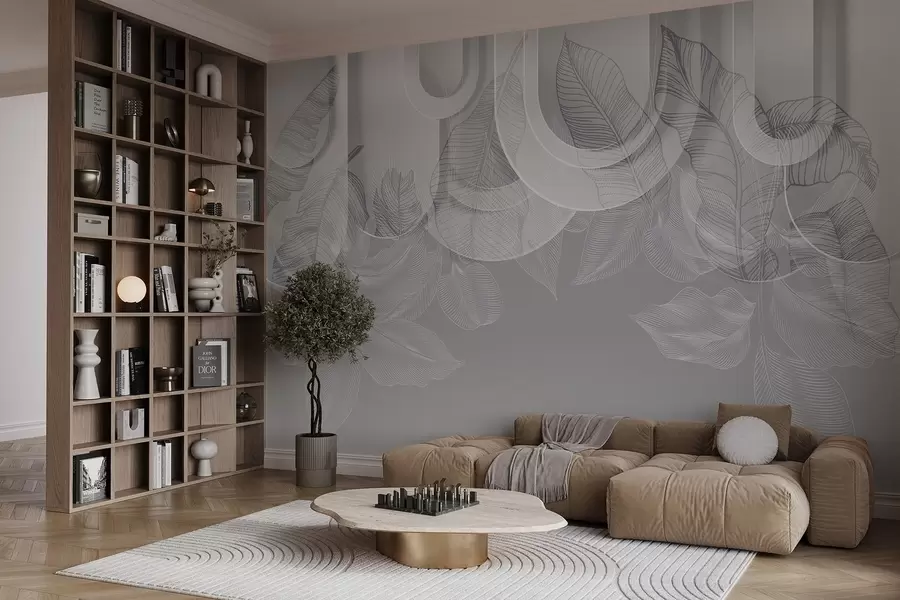 fototapet Fundal abstract cu arcuri gri și frunze tropicale albe, design minimalist, elegant și modern, paletă de culori neutre w09138