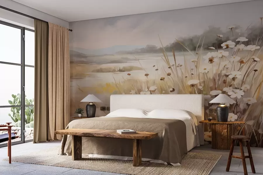 fototapet Câmp de iarbă înaltă și margarete albe, copaci în fundal, sub un cer noros, peisaj texturat, tușe moi w09139