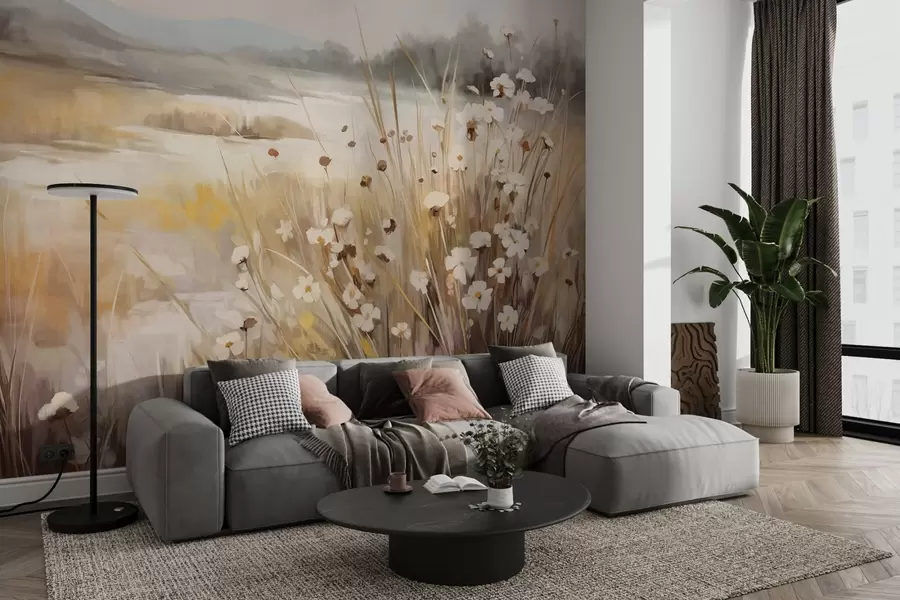 fototapet Câmp de iarbă înaltă și margarete albe, copaci în fundal, sub un cer noros, peisaj texturat, tușe moi w09139