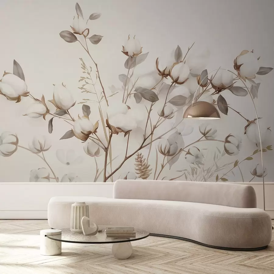 fototapet Flori de bumbac cu tulpini și frunze într-o paletă de culori maro deschis, fundal bej, moale și delicat, stil acuarelă w09141