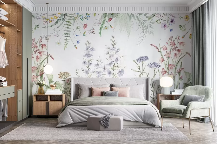 fototapet Aranjament floral textural cu flori colorate și frunze verzi, ilustrație botanică, culori pastelate moi, stil vintage w09143