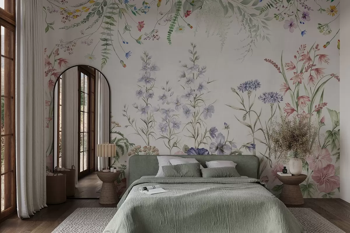 fototapet Aranjament floral textural cu flori colorate și frunze verzi, ilustrație botanică, culori pastelate moi, stil vintage w09143