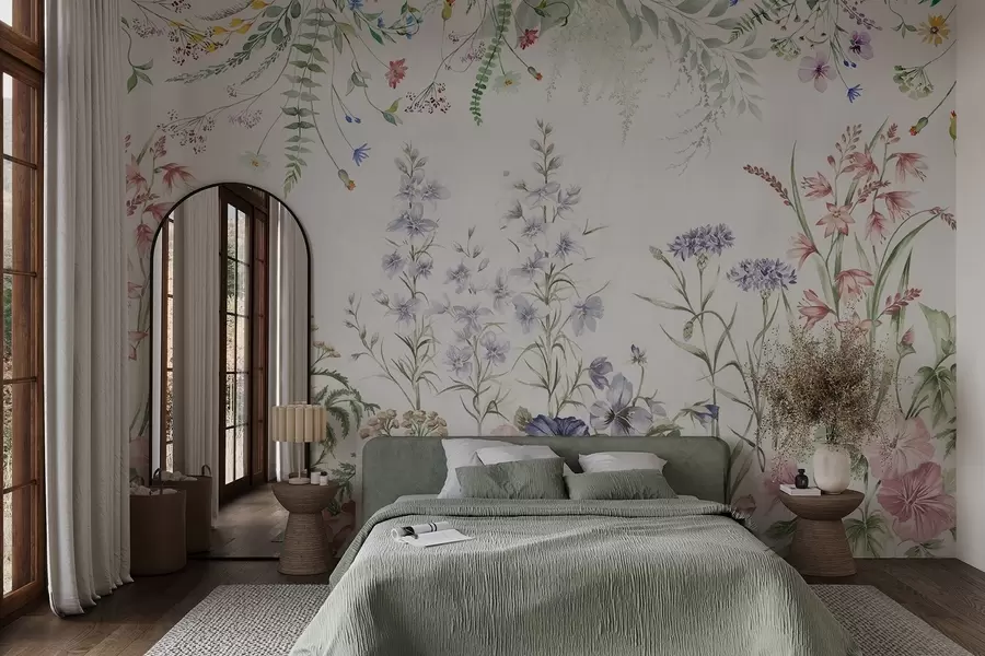 fototapet Aranjament floral textural cu flori colorate și frunze verzi, ilustrație botanică, culori pastelate moi, stil vintage w09143