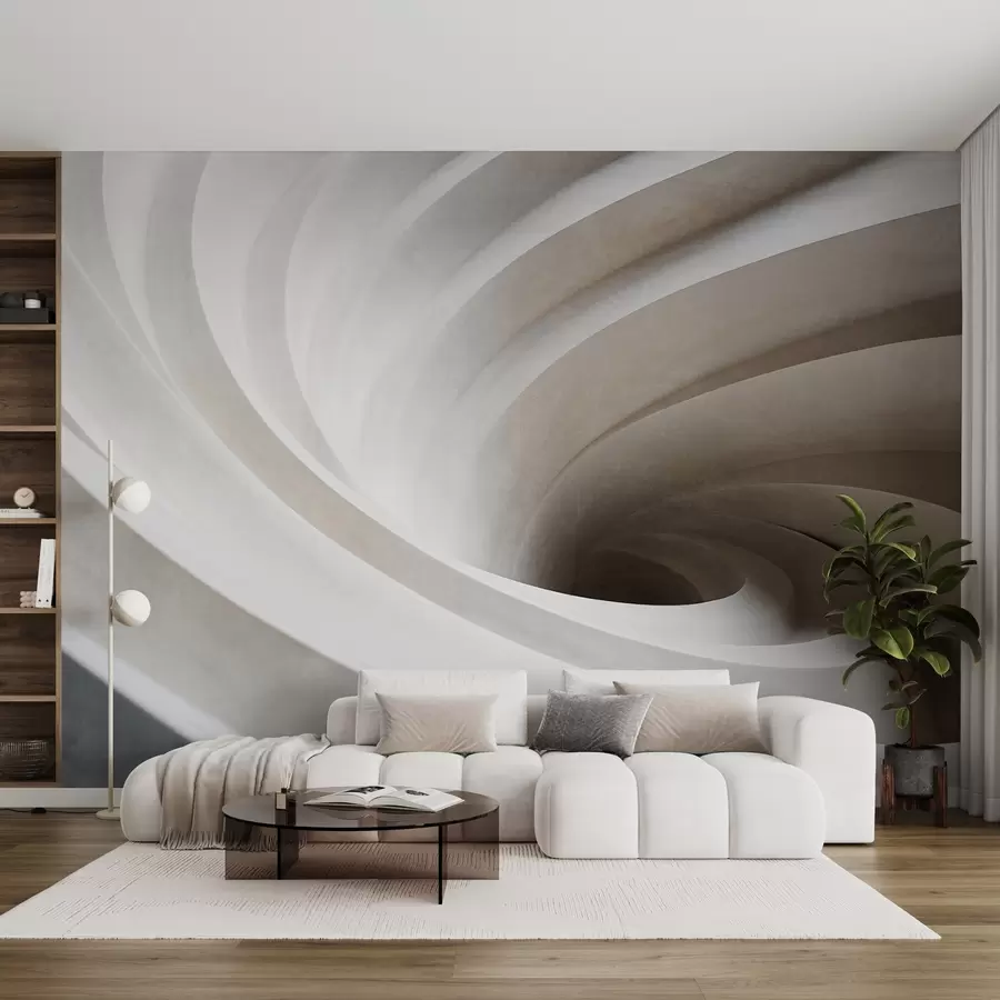 fototapet Vârtej abstract texturat de straturi albe și bej, creând un efect vortex, compoziție dinamică, design minimalist modern w09144