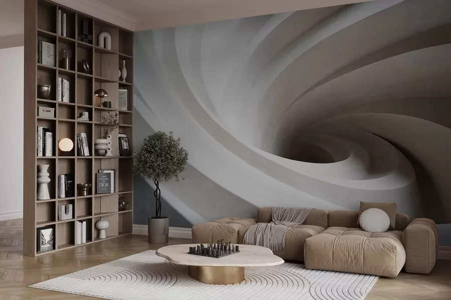 fototapet Vârtej abstract texturat de straturi albe și bej, creând un efect vortex, compoziție dinamică, design minimalist modern w09144