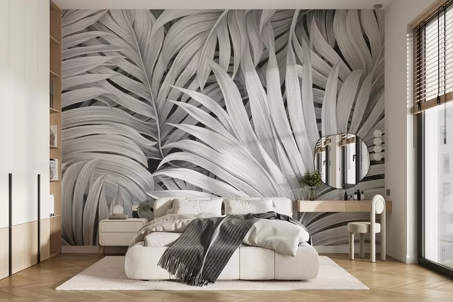 fototapet Frunze de palmier tropical cu textură monocromă, creând un imprimeu tropical și botanic w09145