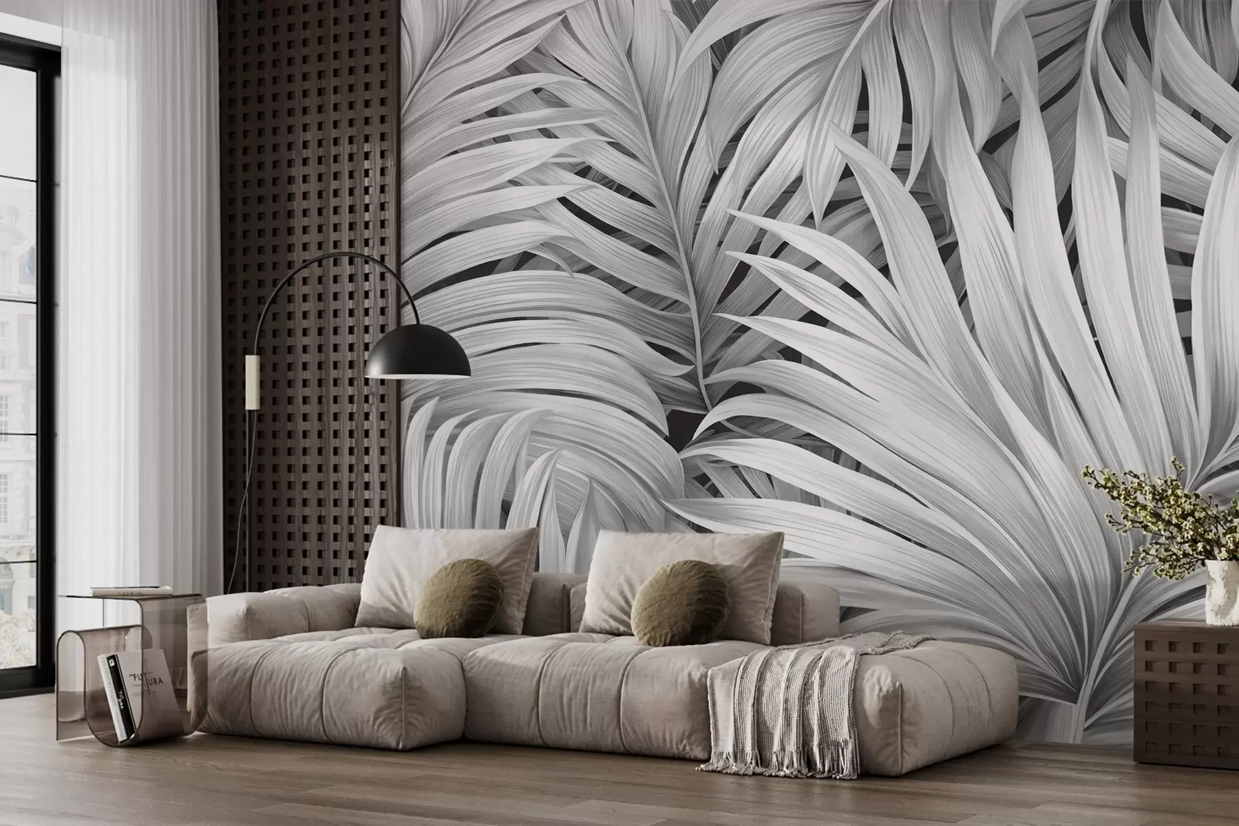 fototapet Frunze de palmier tropical cu textură monocromă, creând un imprimeu tropical și botanic w09145