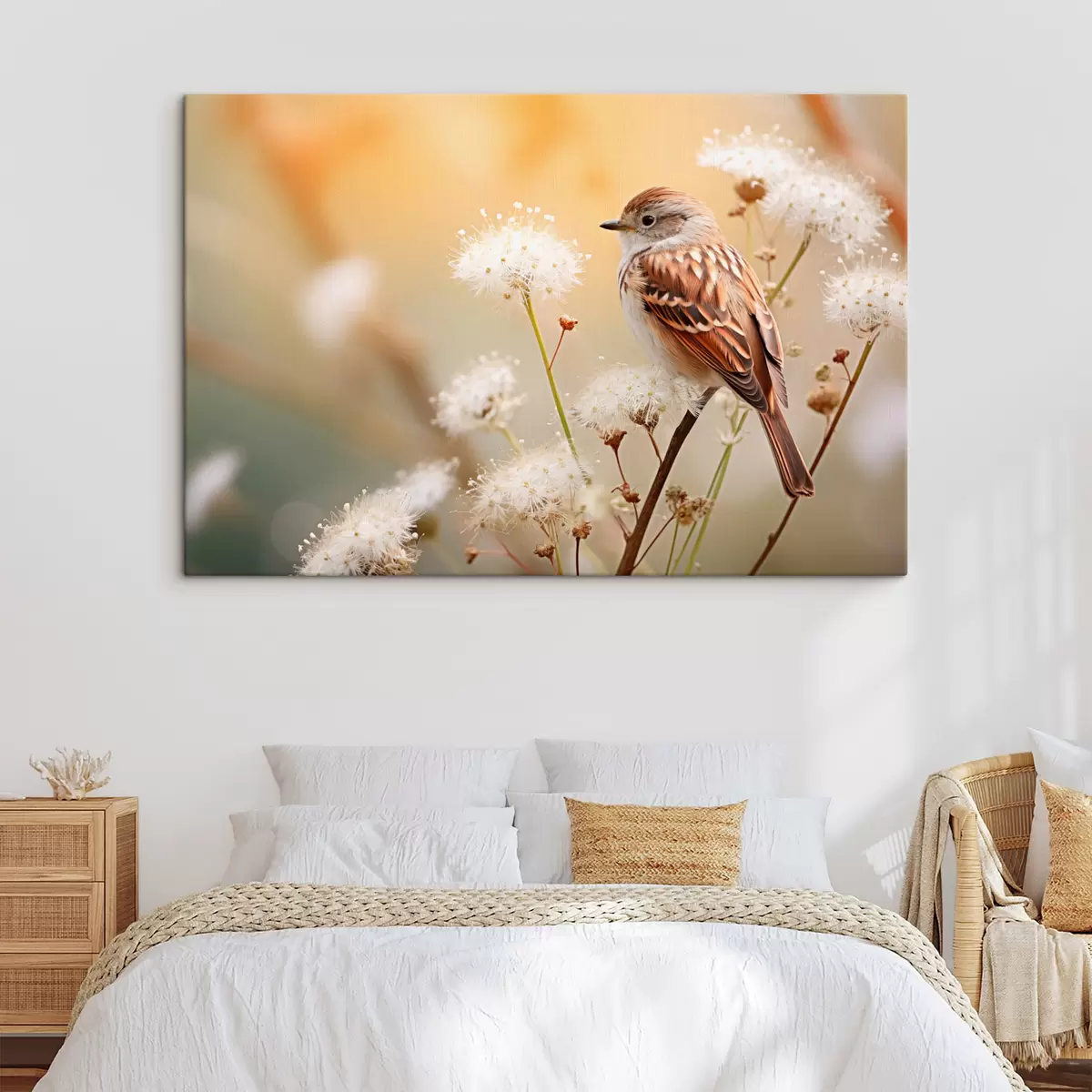 Tablouri O pasăre cocoțată pe o ramură cu flori albe, focalizare moale, fundal natural s44393