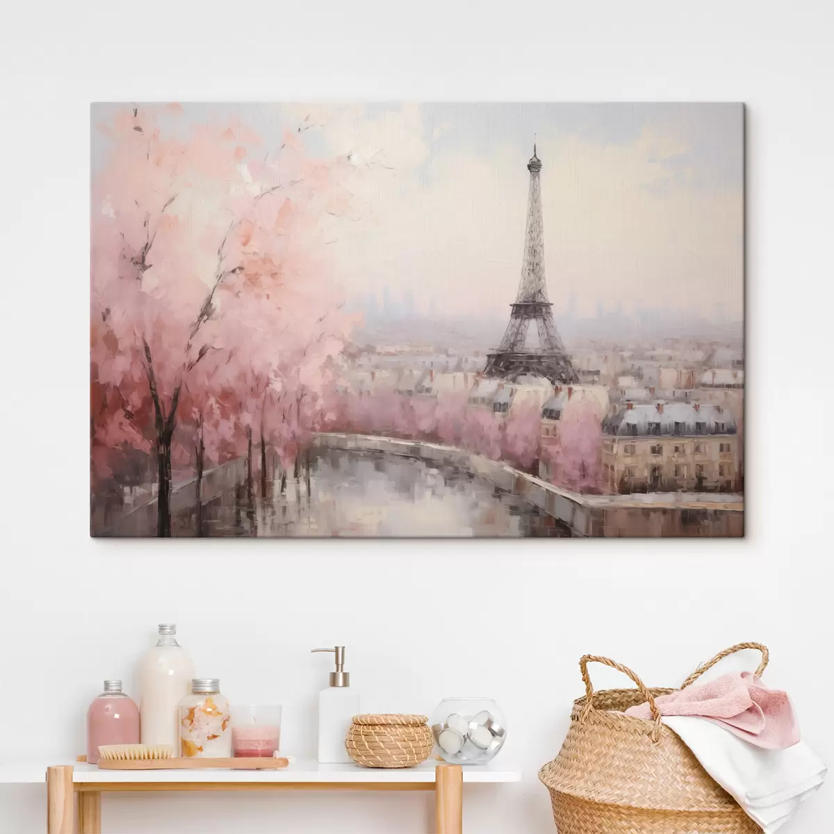 Tablouri Turnul Eiffel din Paris cu cireși înfloriți primăvara, culori pastelate moi s44398