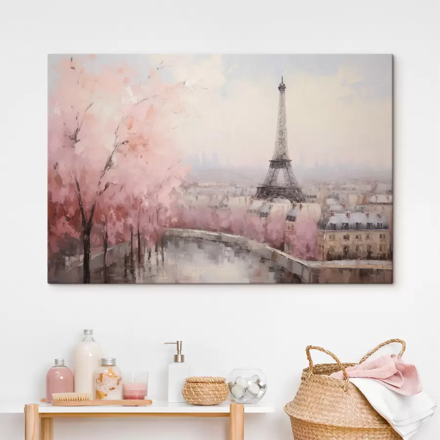 Tablouri Turnul Eiffel din Paris cu cireși înfloriți primăvara, culori pastelate moi s44398