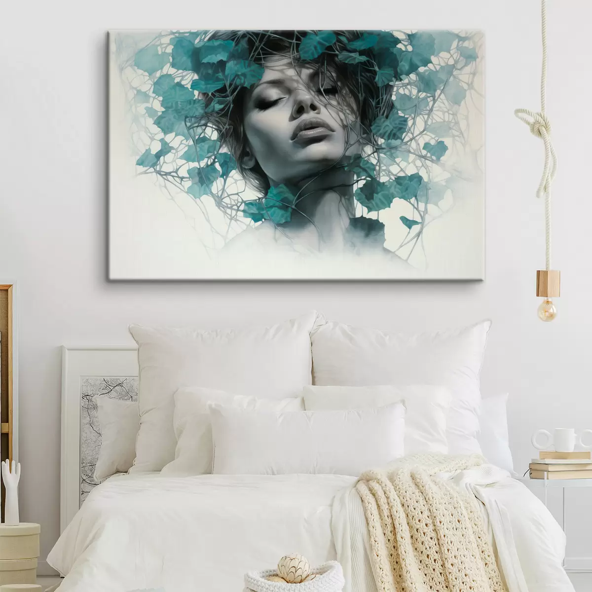 Tablouri Portret de femeie cu ochii închiși, înconjurată de frunze verzi și ramuri s44399