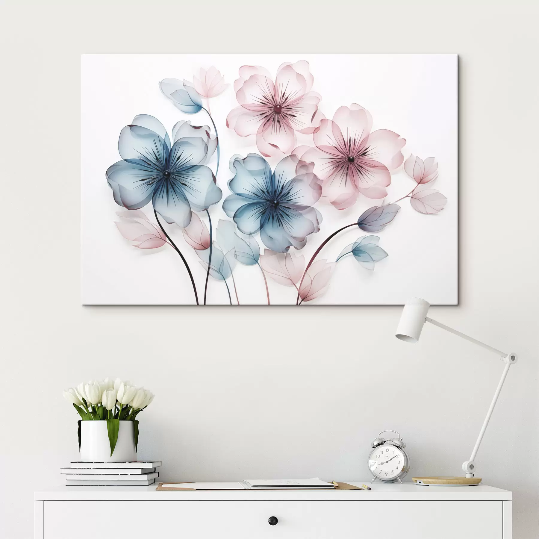 Tablouri Flori translucide roz și albastru, cu stamine și tulpini vizibile s44405