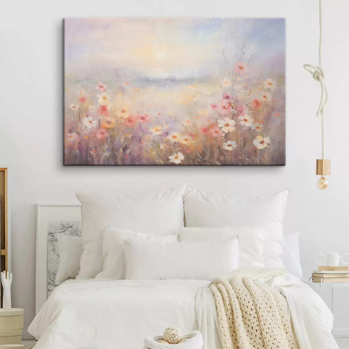 Tablouri Peisaj însorit texturat de câmp de flori, culori pastelate moi, atmosferă de vis s44408