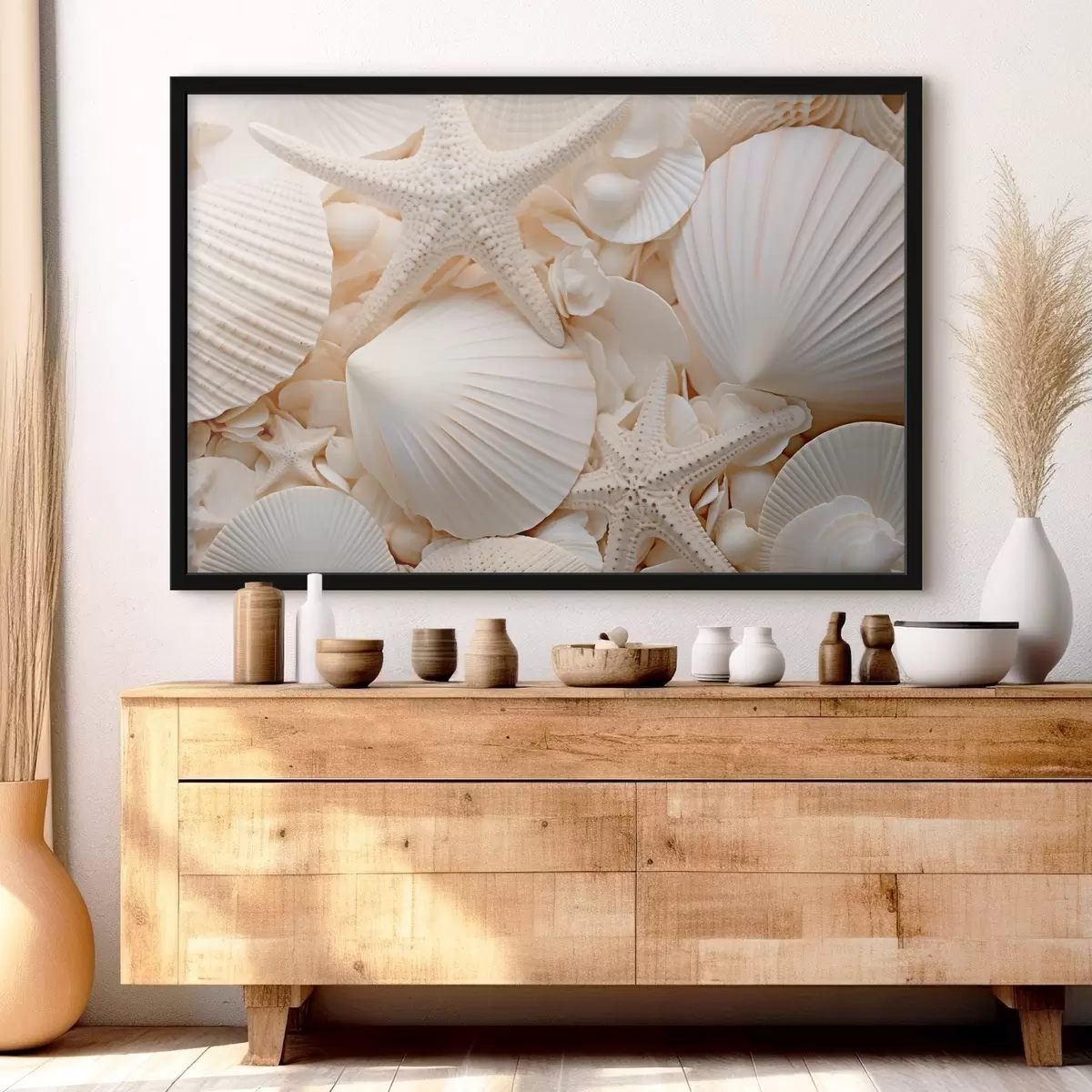 Poster Scoici albe decorative și stele de mare, creând o compoziție monocromatică texturată f44392