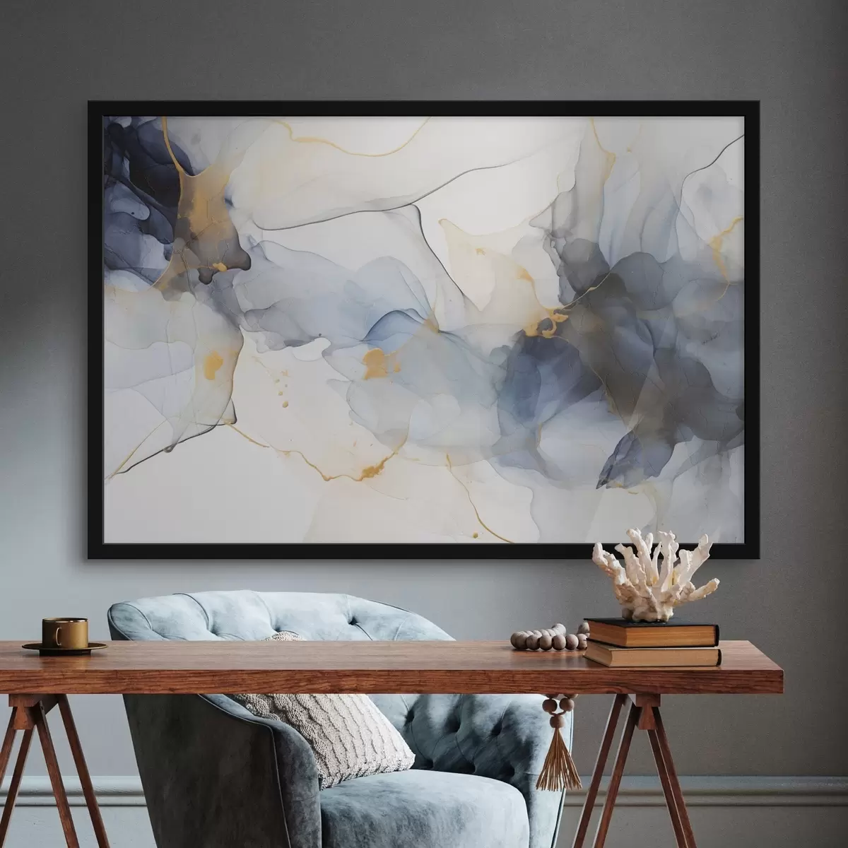 Poster Pictură abstractă cu cerneală albastră, forme fluide și organice, texturi delicate pe un fundal alb f44397