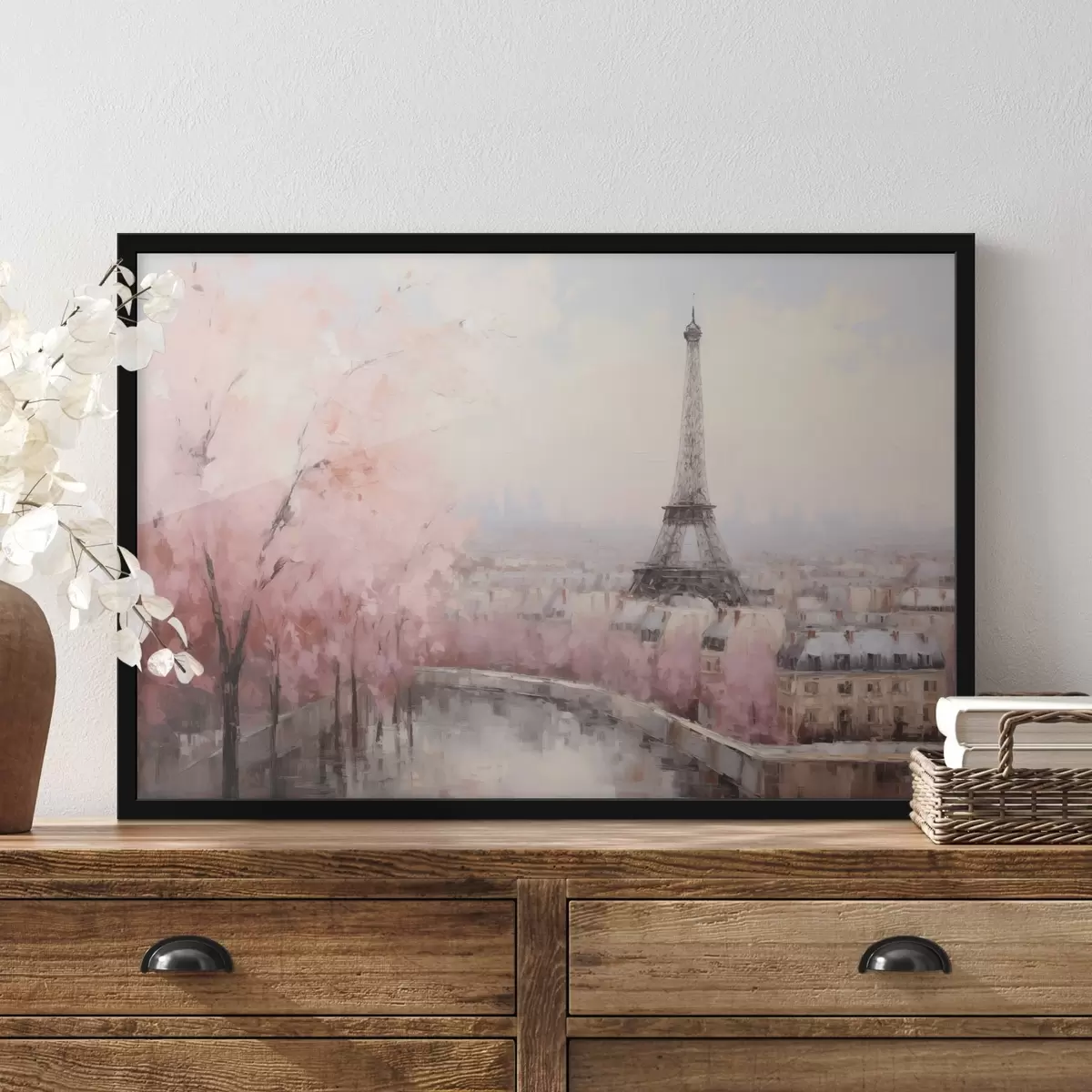 Poster Turnul Eiffel din Paris cu cireși înfloriți primăvara, culori pastelate moi f44398