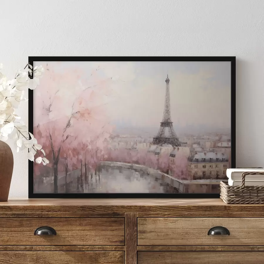 fototapet Turnul Eiffel din Paris cu cireși înfloriți primăvara, culori pastelate moi f44398