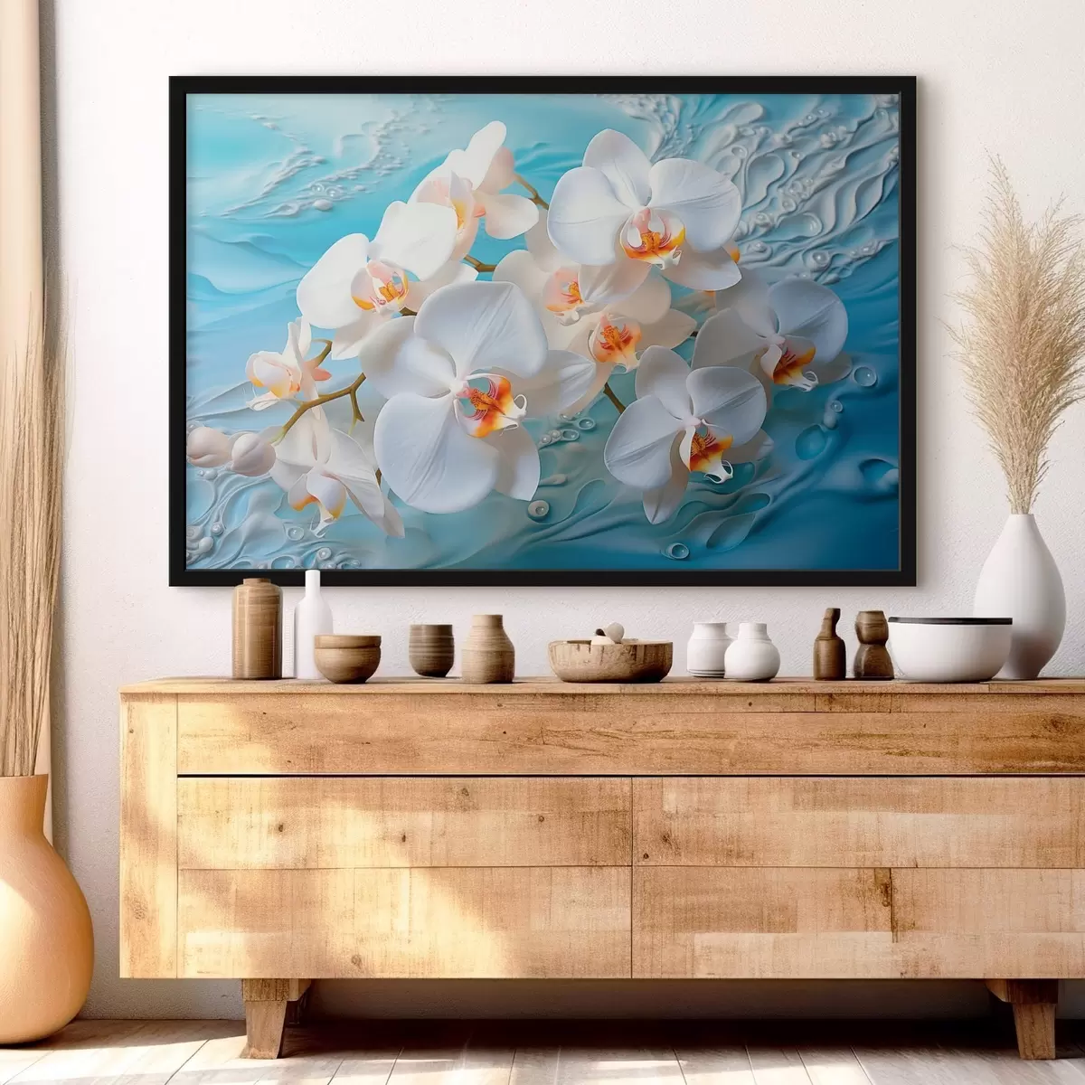 Poster Orhidee albe, aranjate pe o suprafață albastru deschis cu picături de apă, iluminare moale f44401