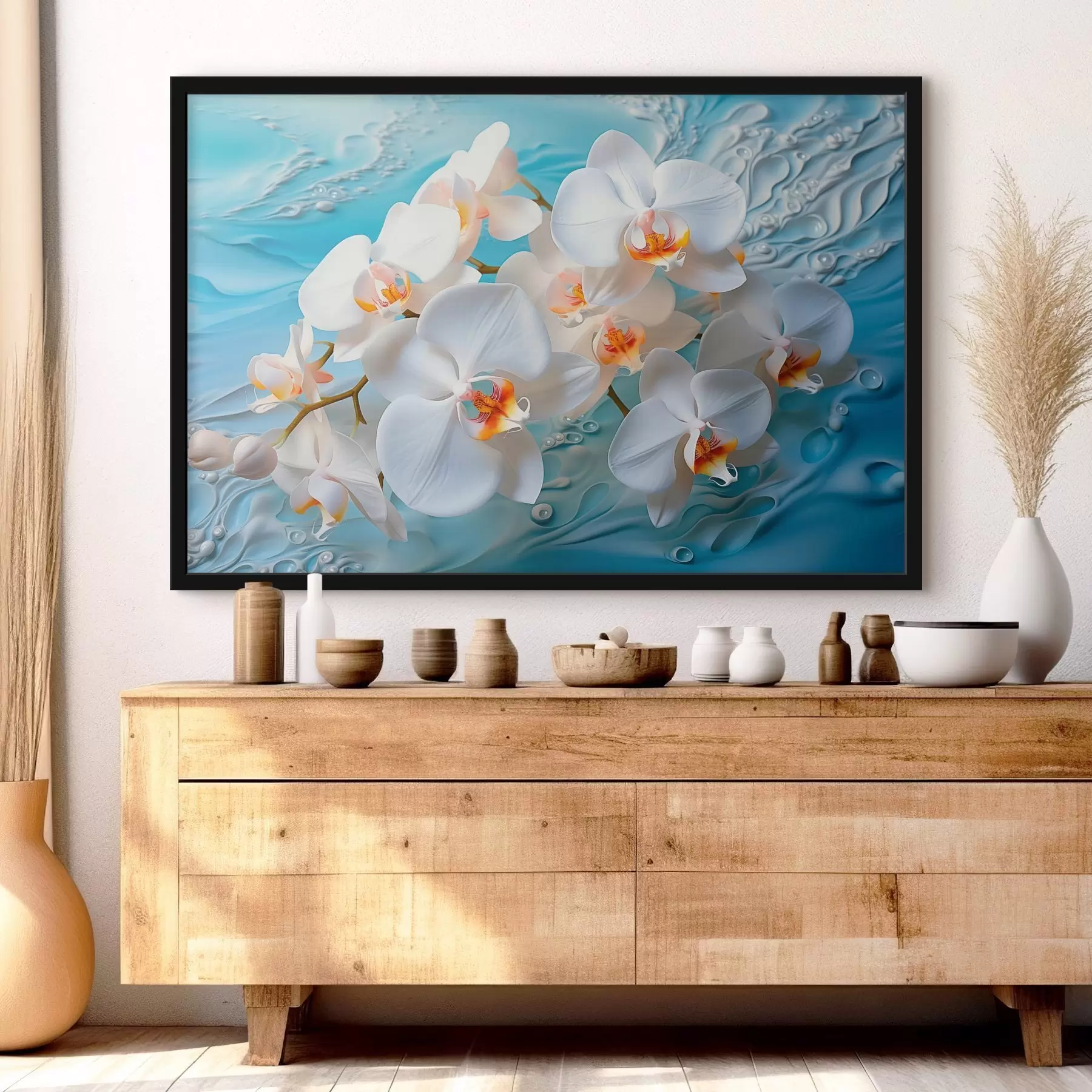 fototapet Orhidee albe, aranjate pe o suprafață albastru deschis cu picături de apă, iluminare moale f44401