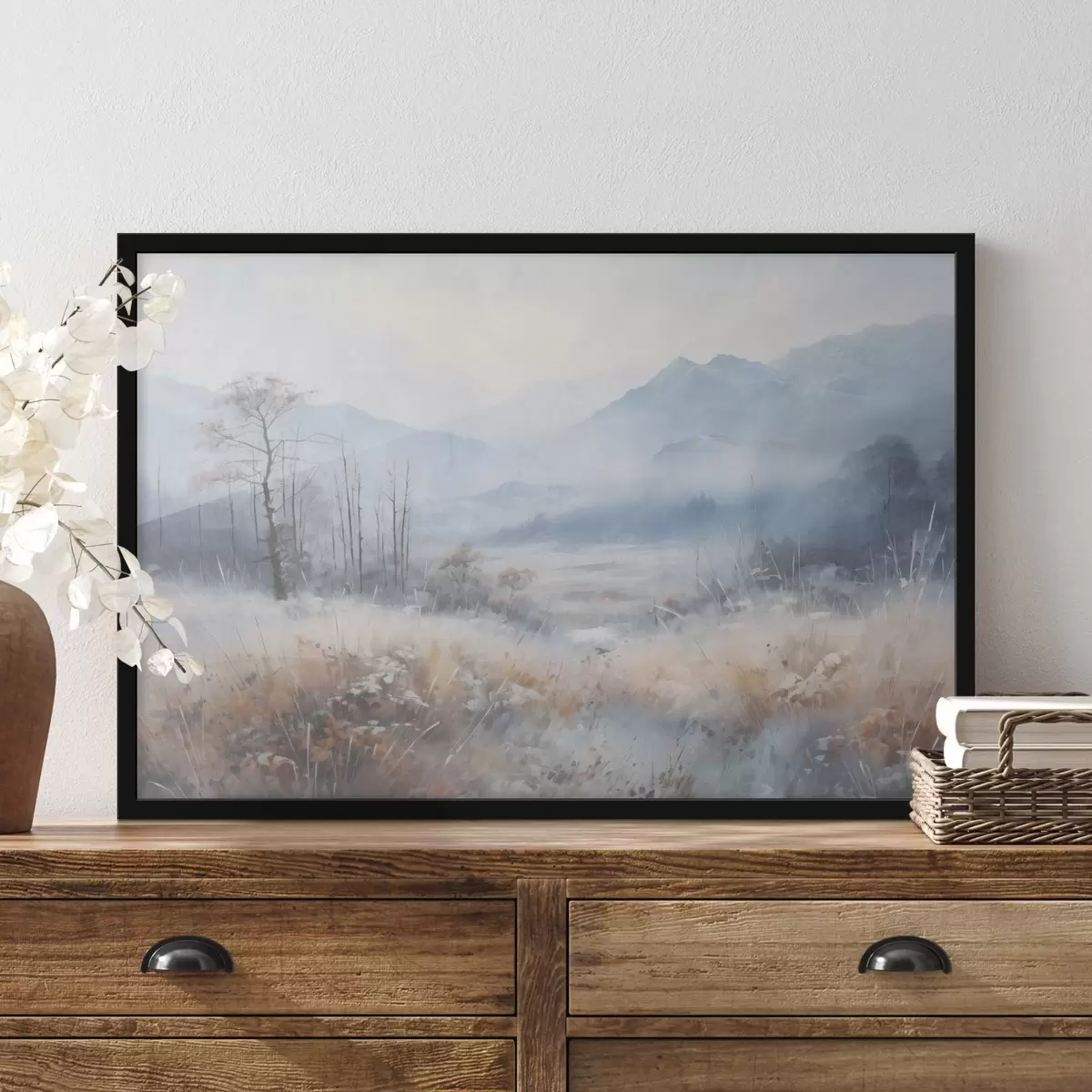 Poster Peisaj texturat cu munți, iarbă uscată și o pădure, culori stinse f44402