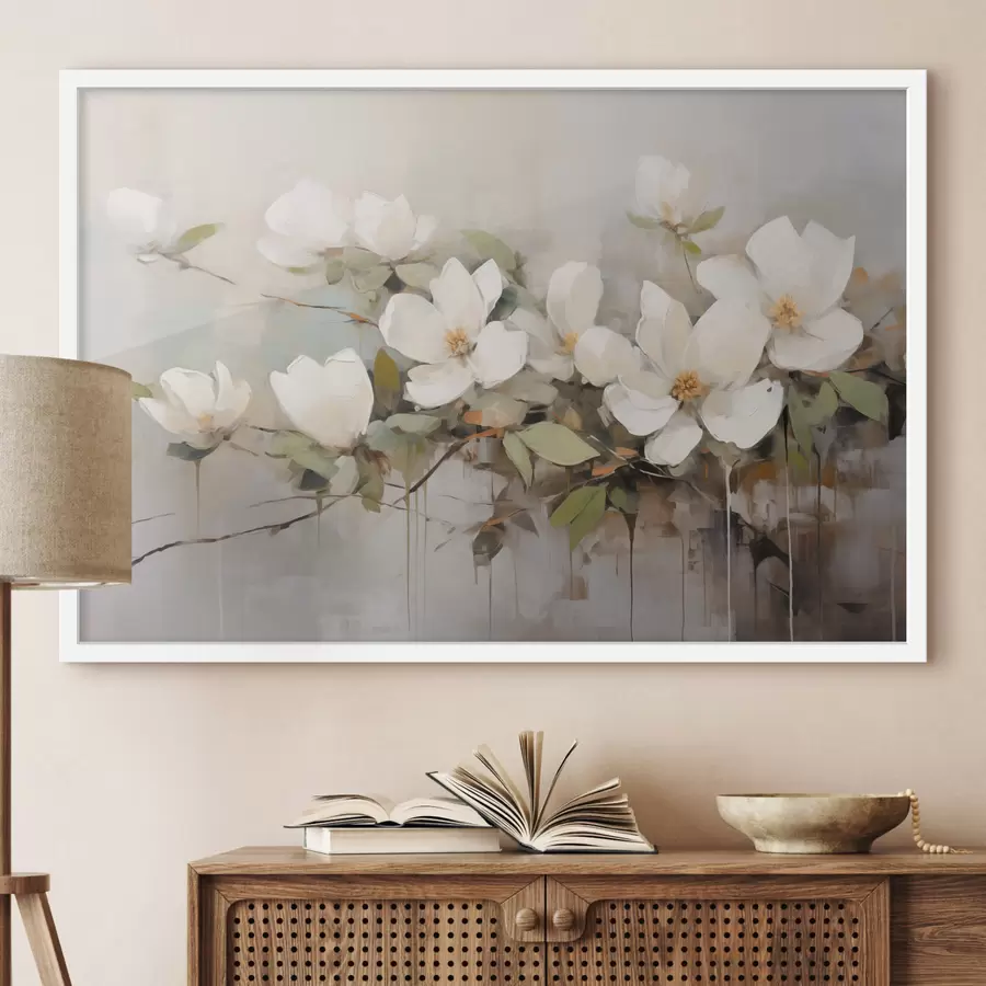 fototapet Flori albe de magnolie cu frunze verzi pe o ramură, tușe moi, culori stinse f44404