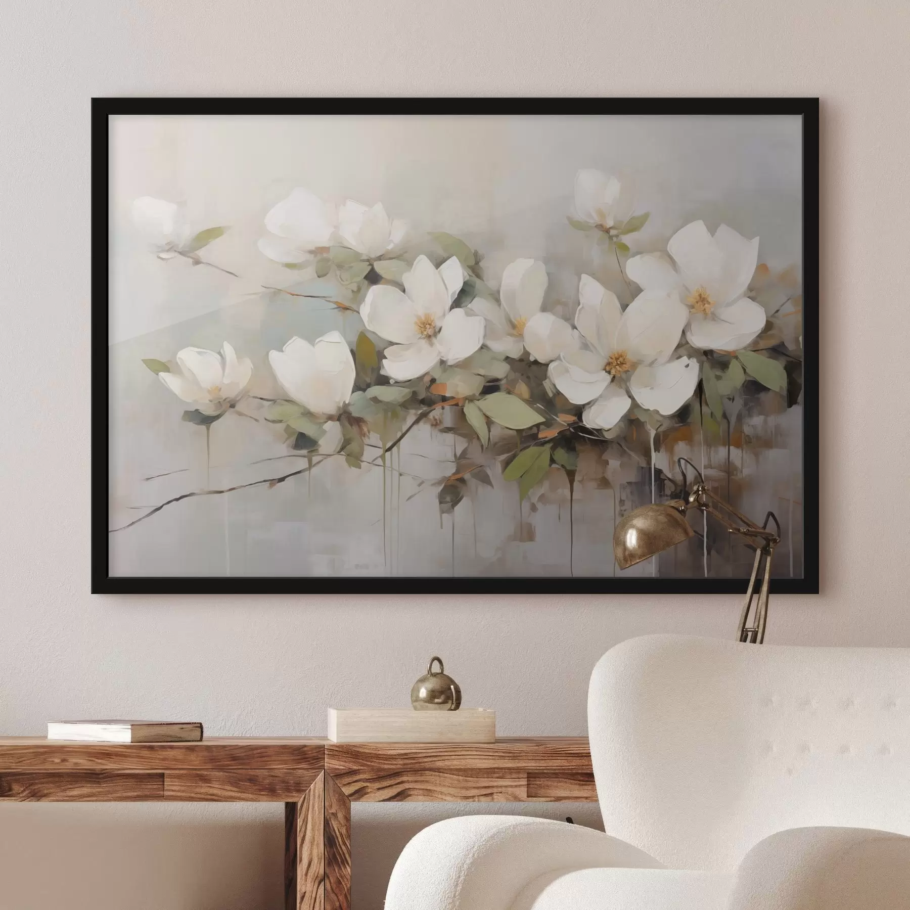 fototapet Flori albe de magnolie cu frunze verzi pe o ramură, tușe moi, culori stinse f44404